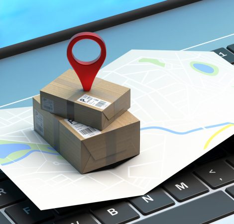 Shop online, Delivery service, stay at home concept. Paper map, pin pointer and packages on computer laptop background. 3d illustration